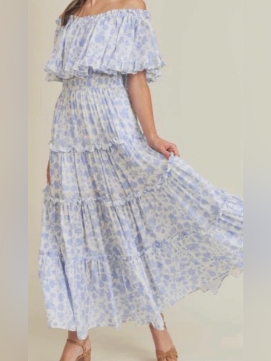Mable Dresses & Skirts - Mable x Anthropologie Rose Garden Tiered Ruffle Maxi/Midi Dress Blue Floral S